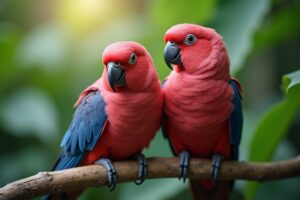 Lila und rote Wellensittiche
